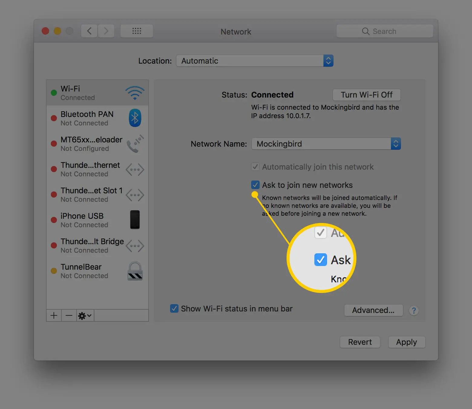 Captura de tela das preferências do sistema macOS com foco na caixa de seleção Pedir para ingressar em novas redes