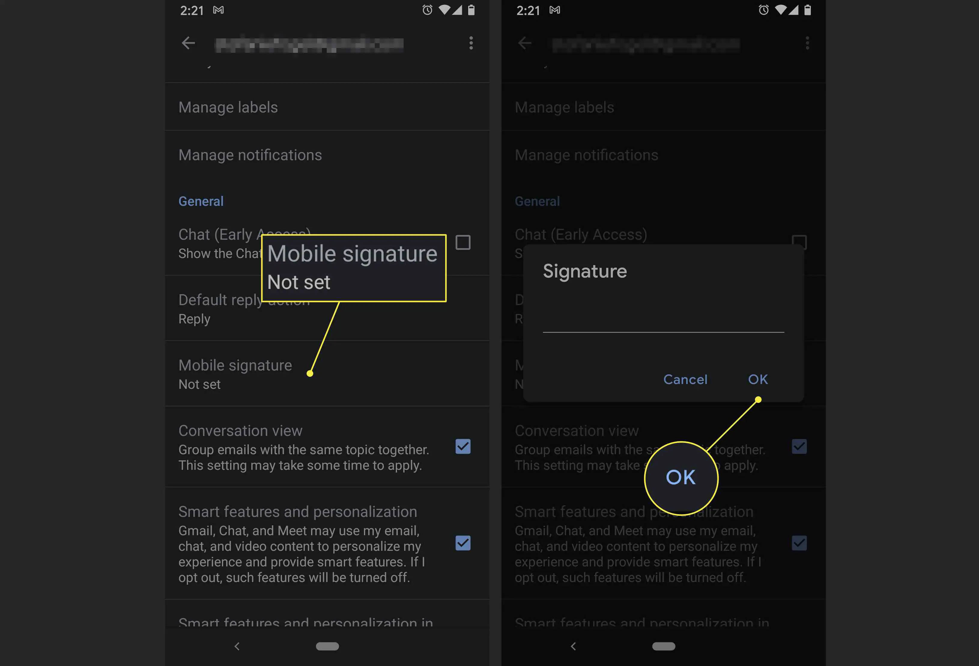 Um usuário do aplicativo Gmail cria uma assinatura móvel