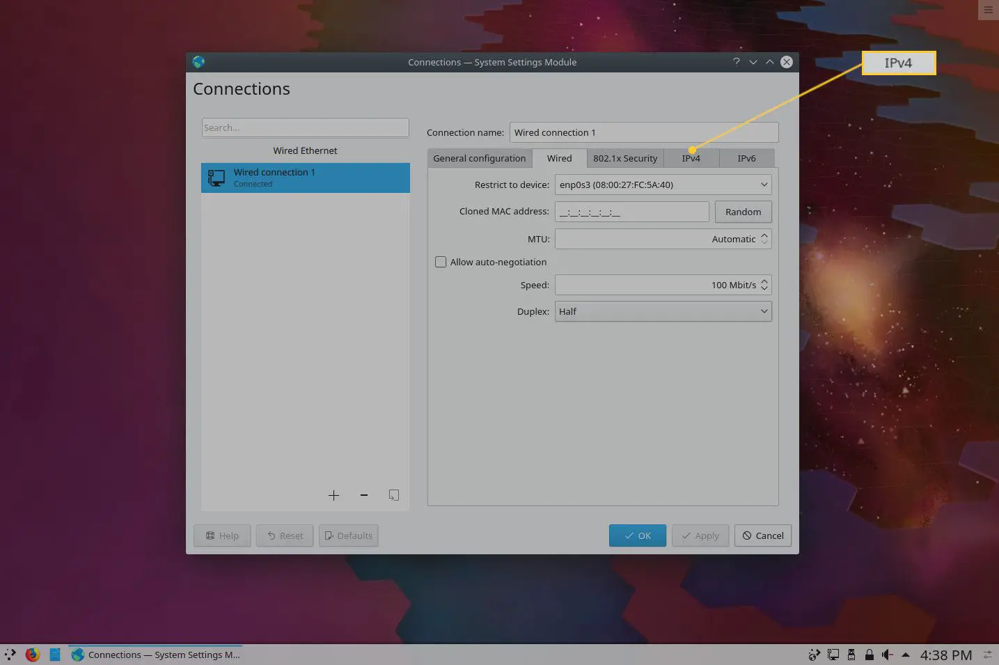 Captura de tela da guia IPv4 da rede KDE.