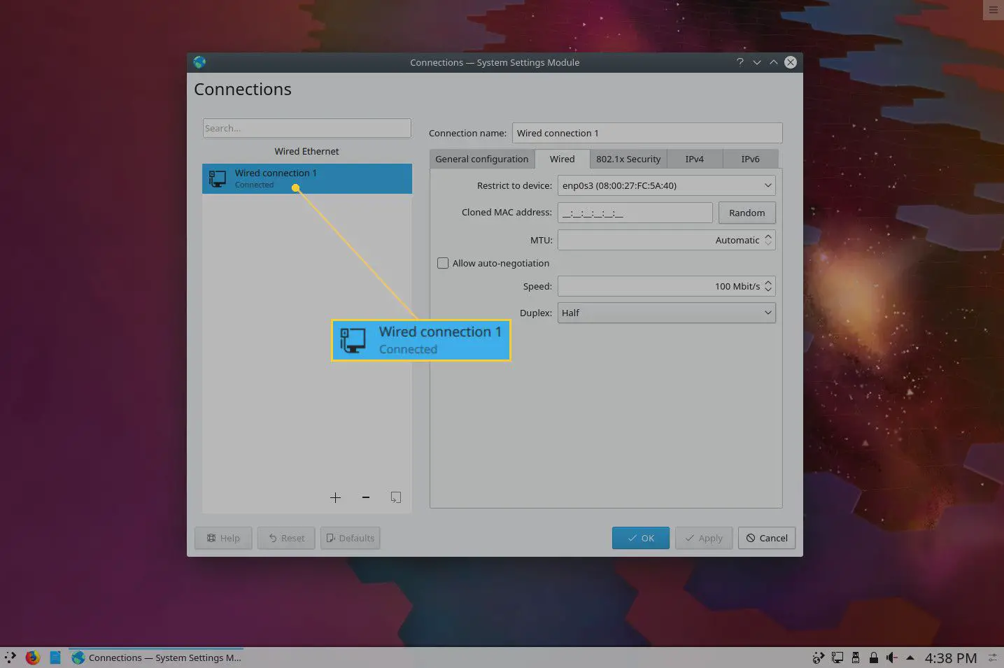 Captura de tela da janela de opções de Conexões do KDE.