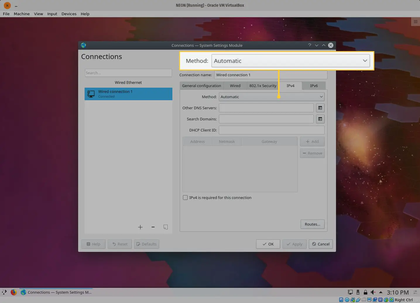 Captura de tela da janela de conexões IPv4 do KDE.