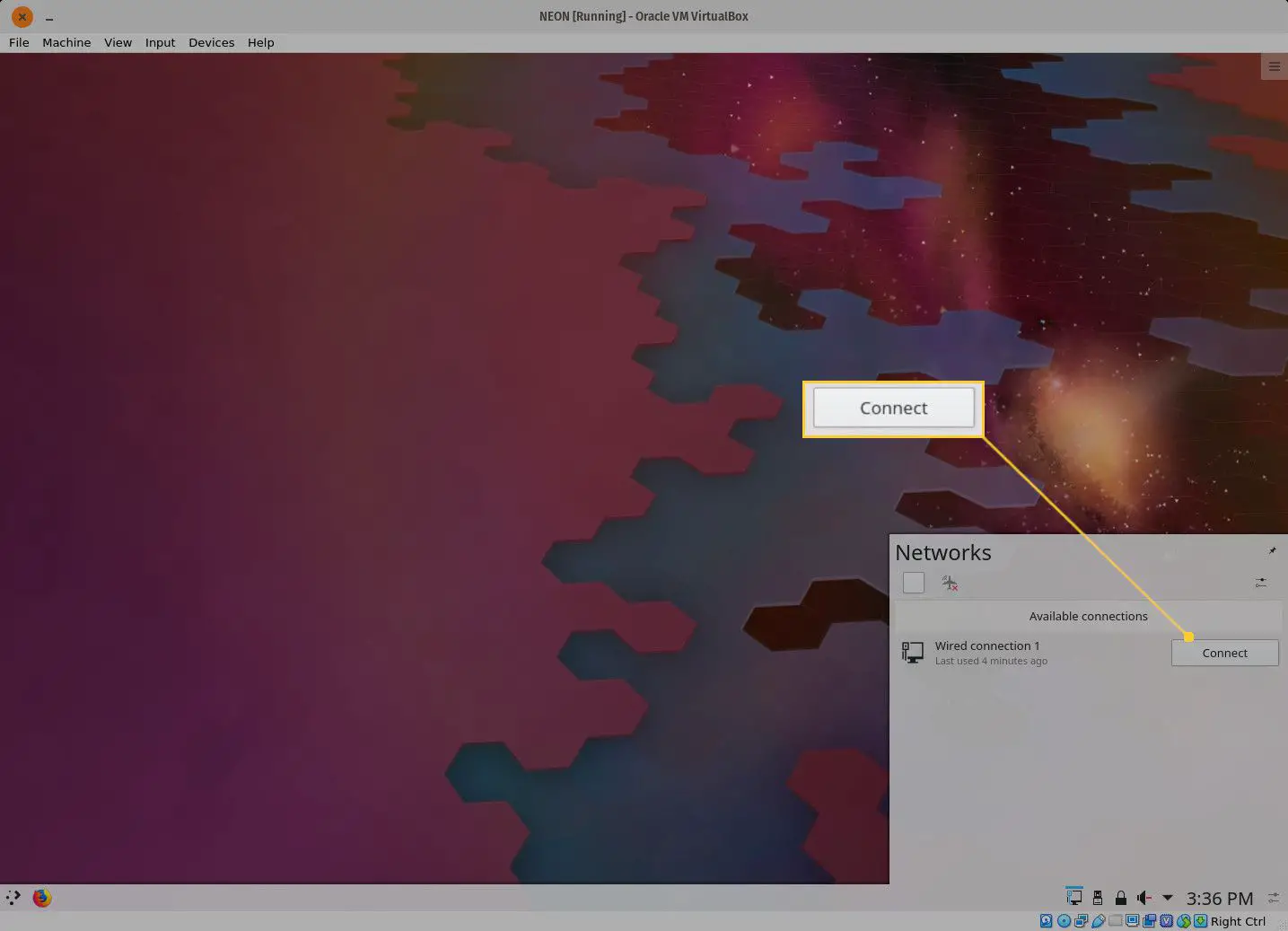 Captura de tela do botão KDE Plasma Networks Connect.