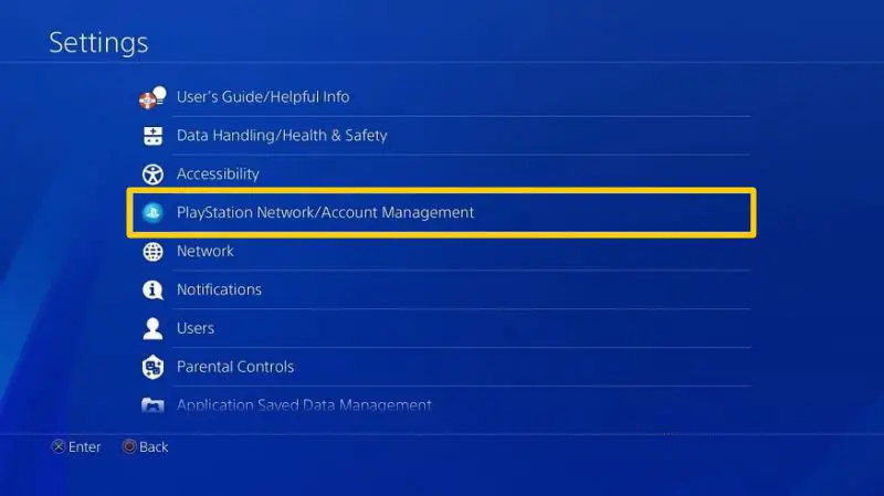 A localização do Gerenciamento de contas no menu Configurações do PS4.