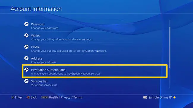 A localização da PlayStation Subscription na tela PS Account Information.