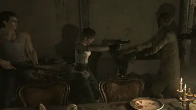 Billy e Rebecca enfrentam um zumbi em Resident Evil Zero HD.