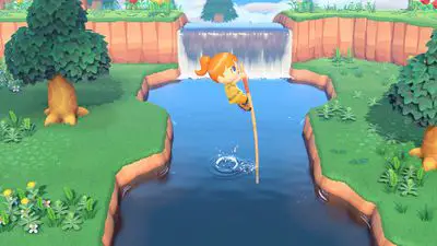 Um personagem salta com vara através de um lago em Animal Crossing: New Horizons