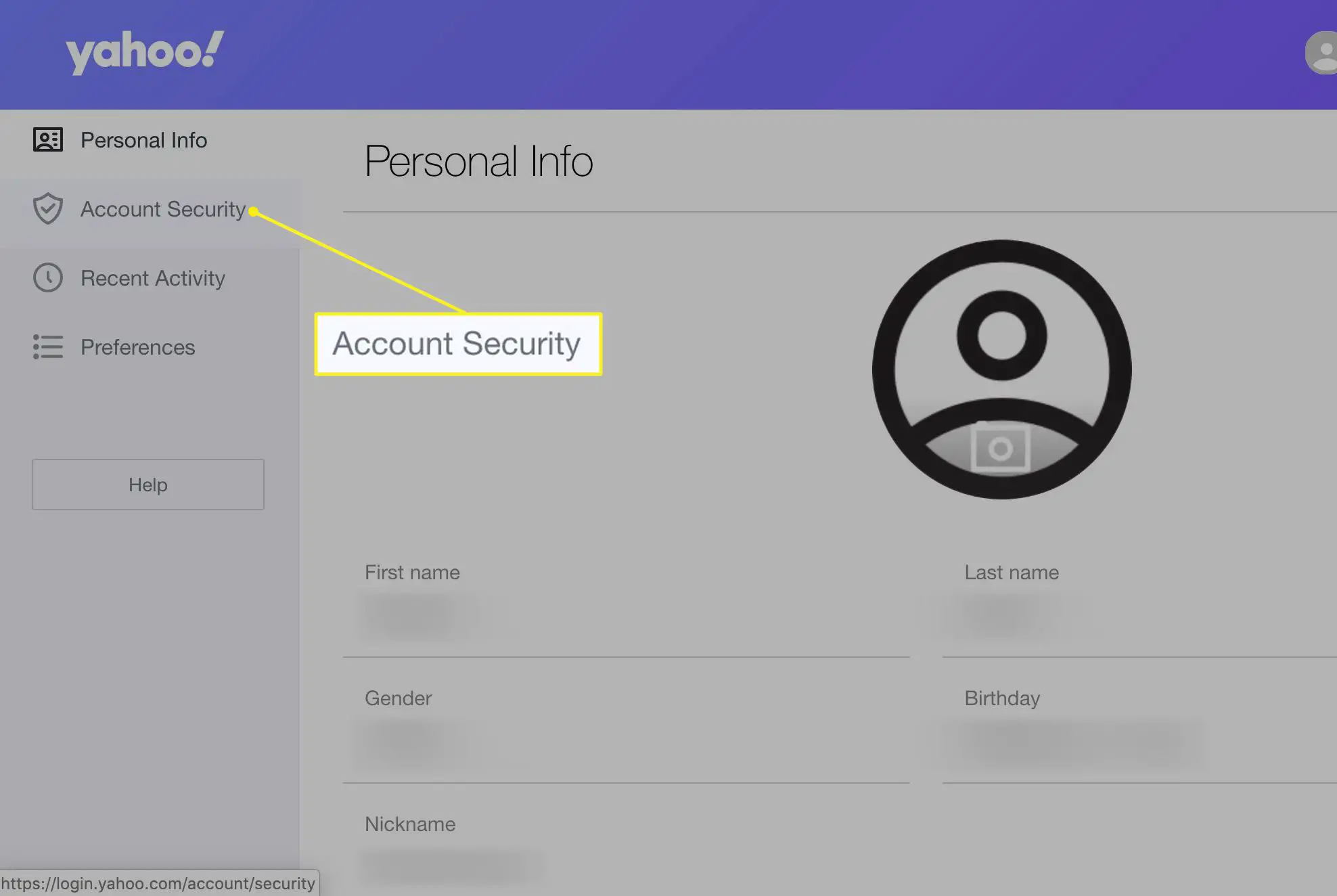 Informações da conta do Yahoo Mail com Segurança da conta destacada