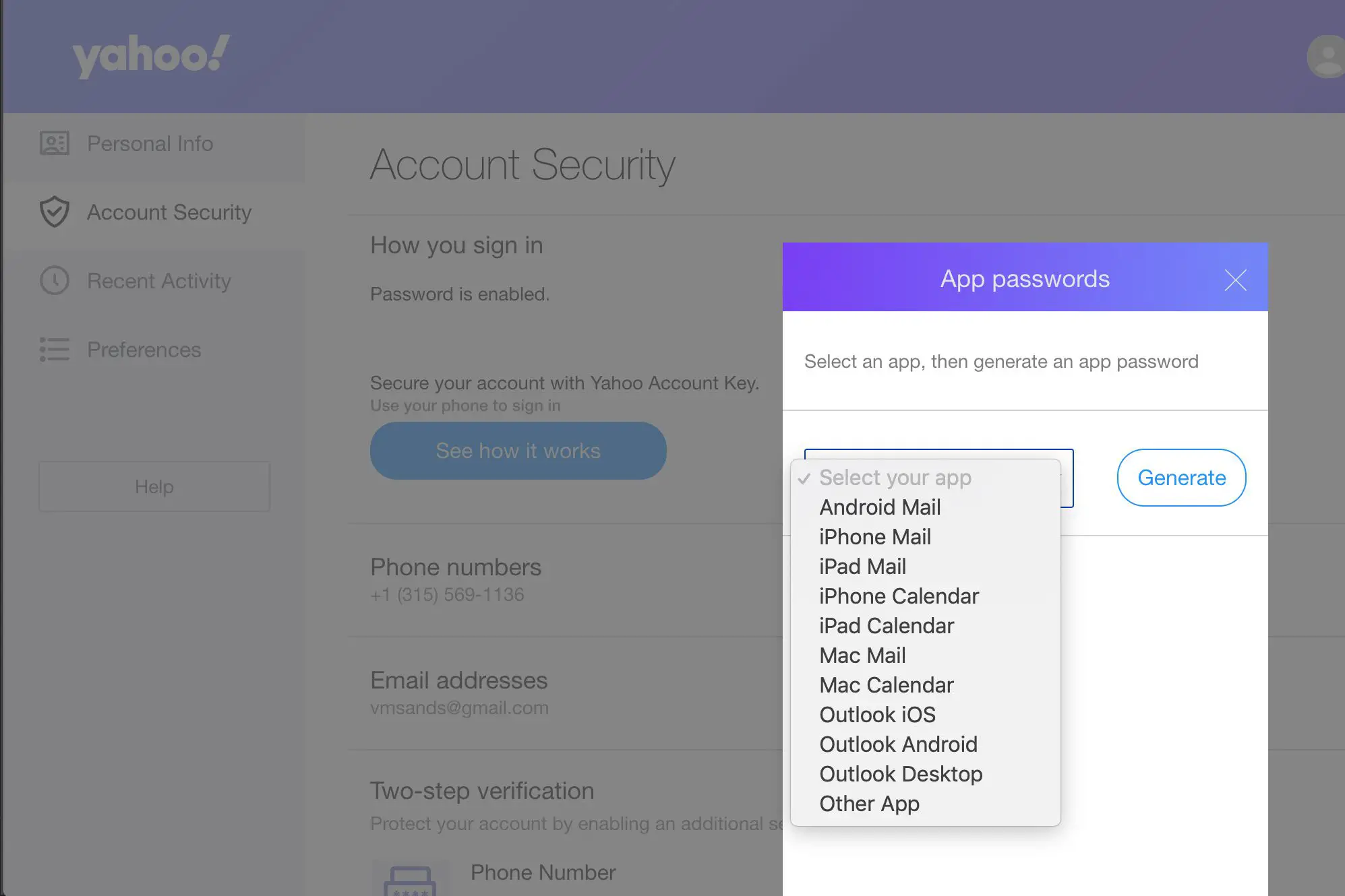 Gerar uma senha de aplicativo no Yahoo Mail