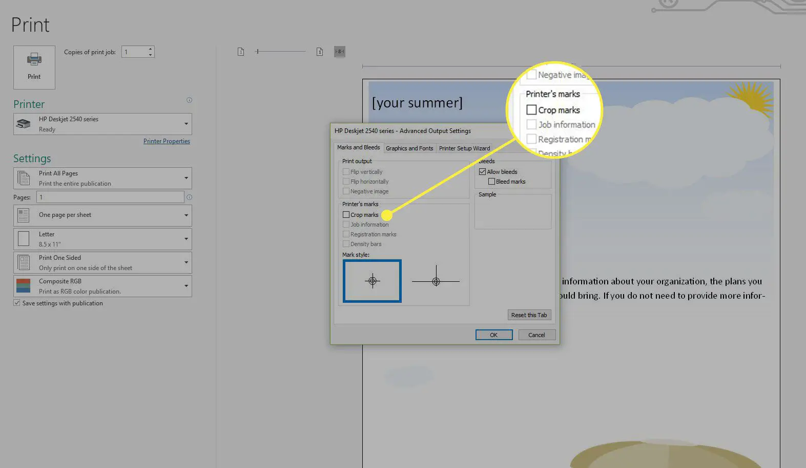 Uma captura de tela da tela Configurações de saída avançadas do editor com a opção Marcas de corte destacada