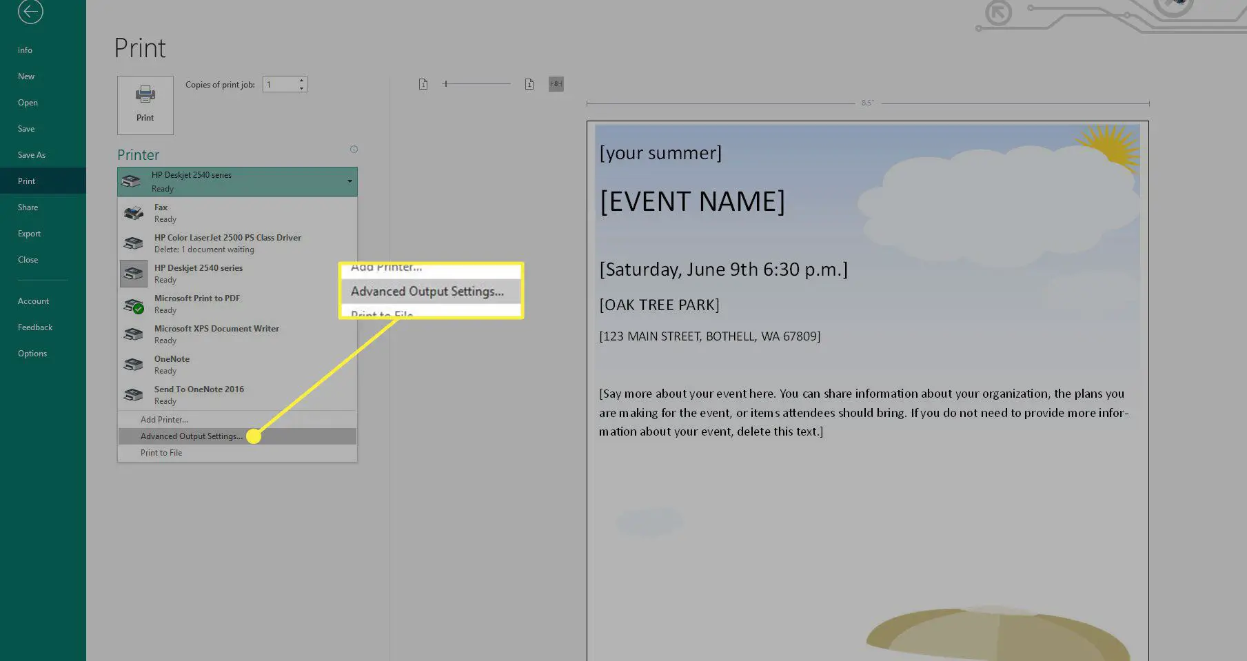 Uma captura de tela da tela de impressão do editor com a opção Configurações de saída avançadas destacada