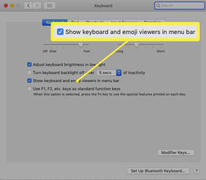 Mostre os visualizadores de teclado e emoji na barra de menus Preferências do sistema no macOS.