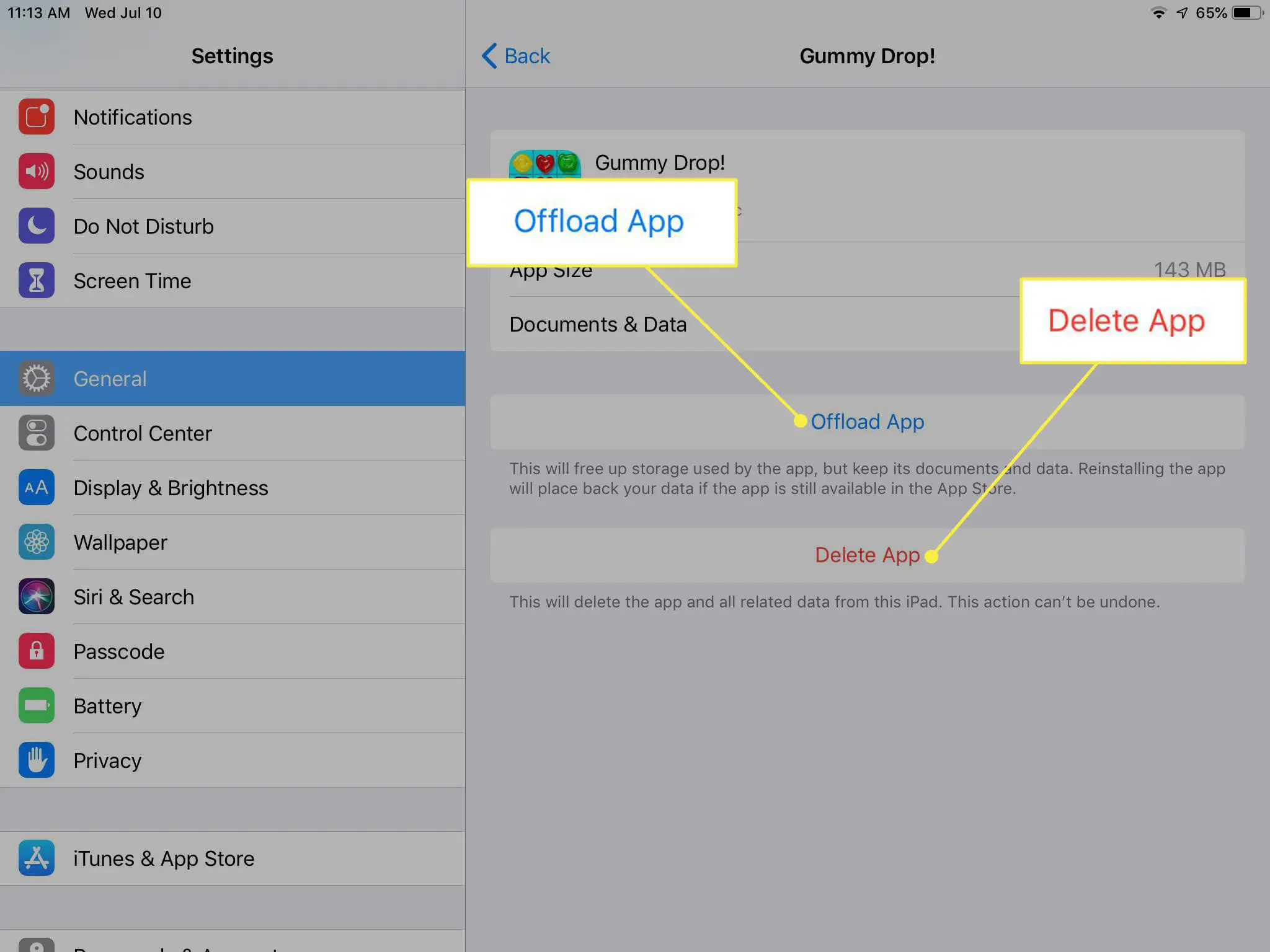 Uma captura de tela de um aplicativo no armazenamento do iPad com as opções Offload App e Delete App destacadas