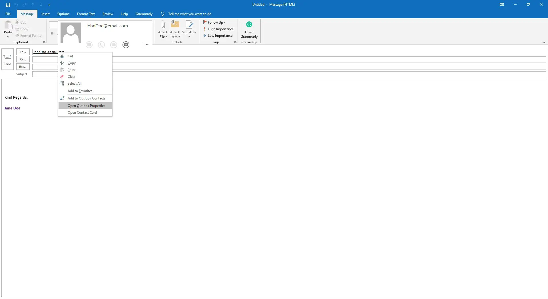 Clique com o botão direito em um endereço de e-mail para ver a caixa de diálogo Propriedades do Outlook.