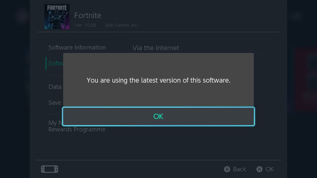Captura de tela do console Nintendo Switch procurando por uma atualização do videogame Fortnite.