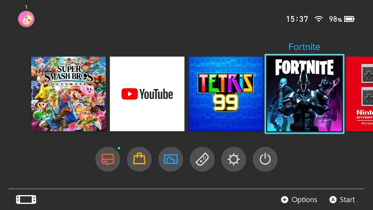 Tela inicial do Nintendo Switch com o ícone do videogame Fortnite selecionado.
