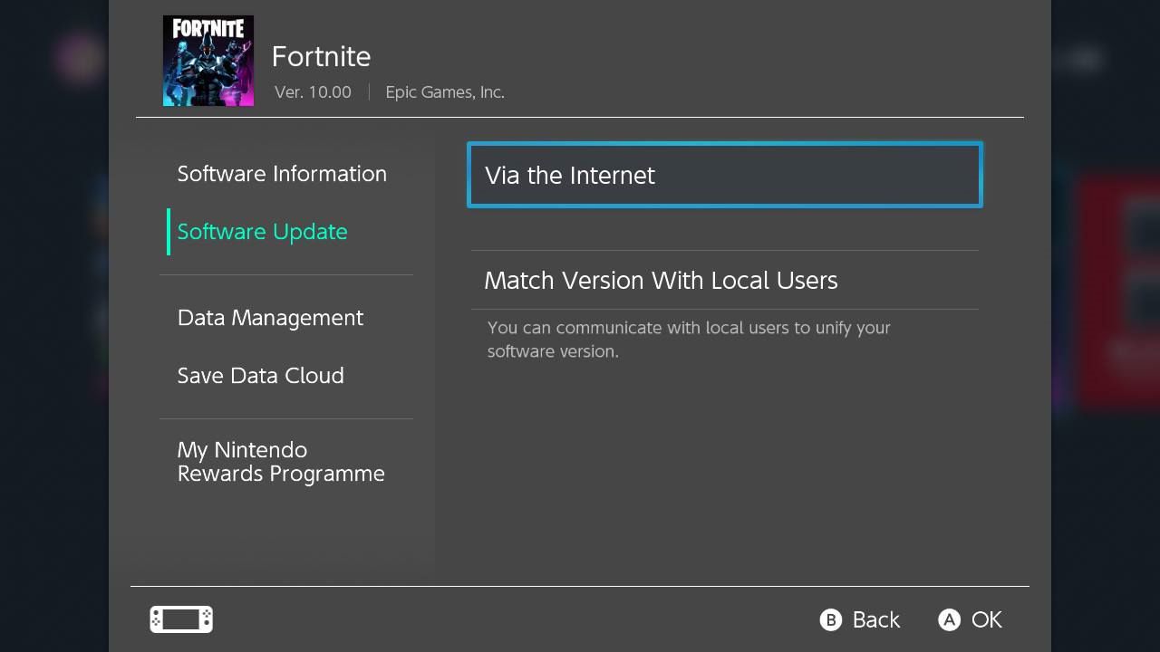 Configurações do jogo Nintendo Switch para Fortnite.