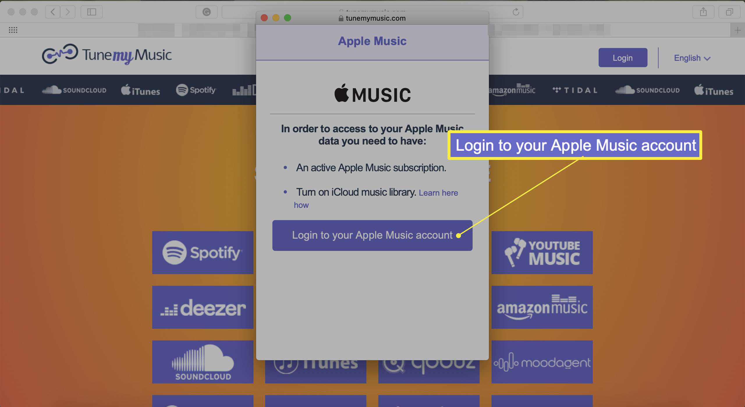 TuneMyMusic Faça login na página da sua conta do Apple Music