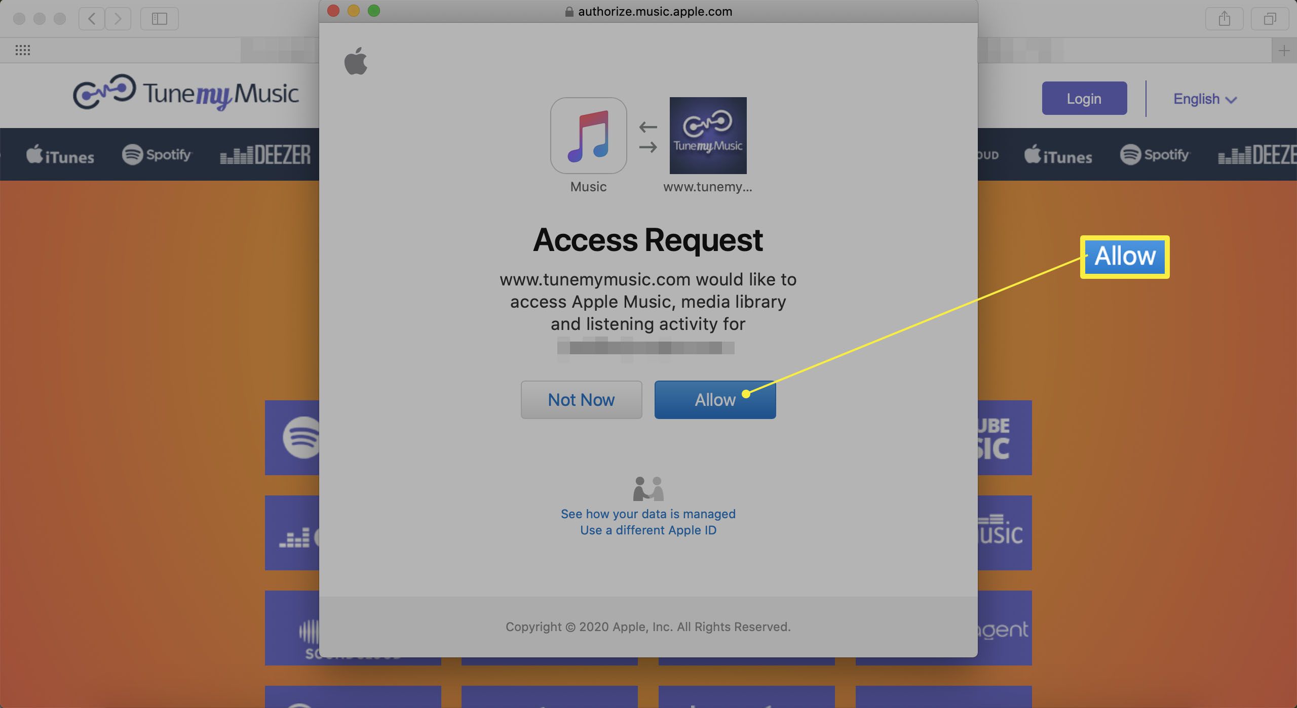 TuneMyMusic solicitando acesso ao Apple Music
