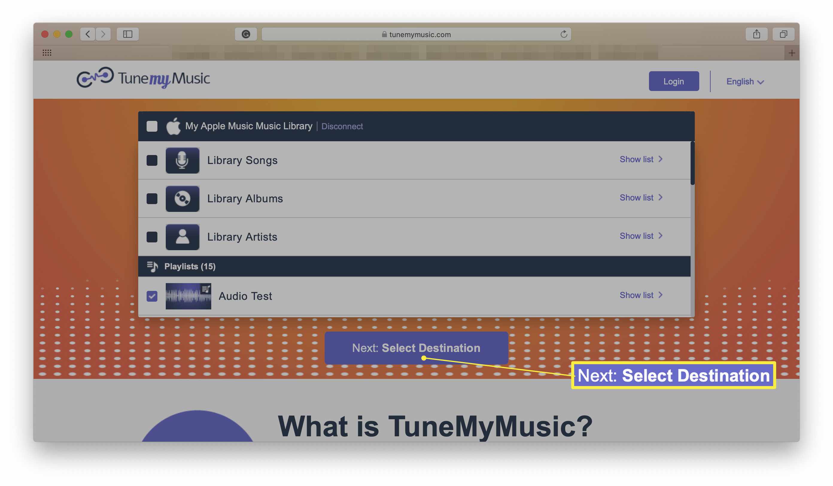 TuneMyMusic Escolha a página de destino para transferir música