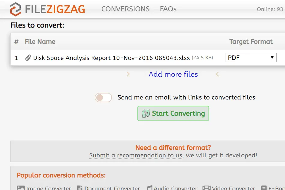 Site do FileZigZag pronto para converter XLSX em PDF online