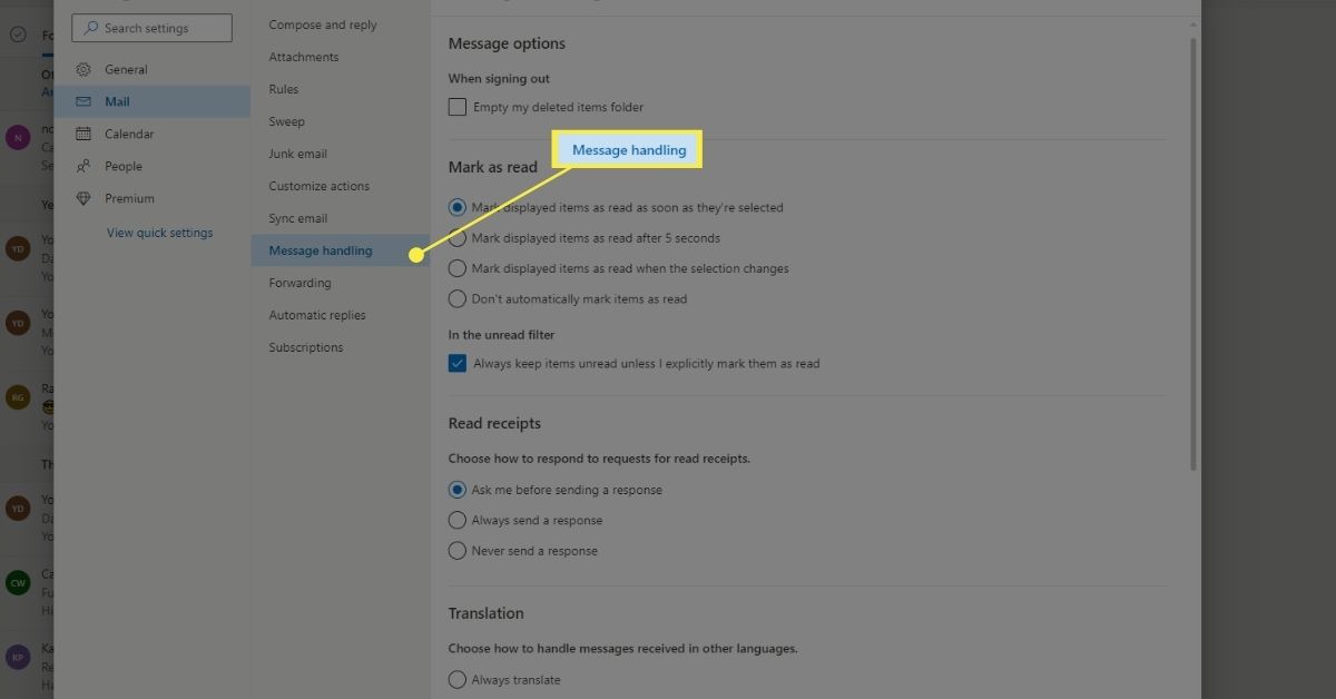 Tratamento de mensagens na categoria Correio da janela Configurações no Outlook.com.