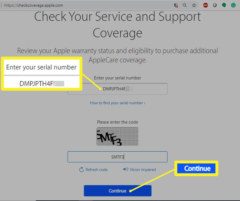 Status da garantia da Apple e site de cobertura de suporte.