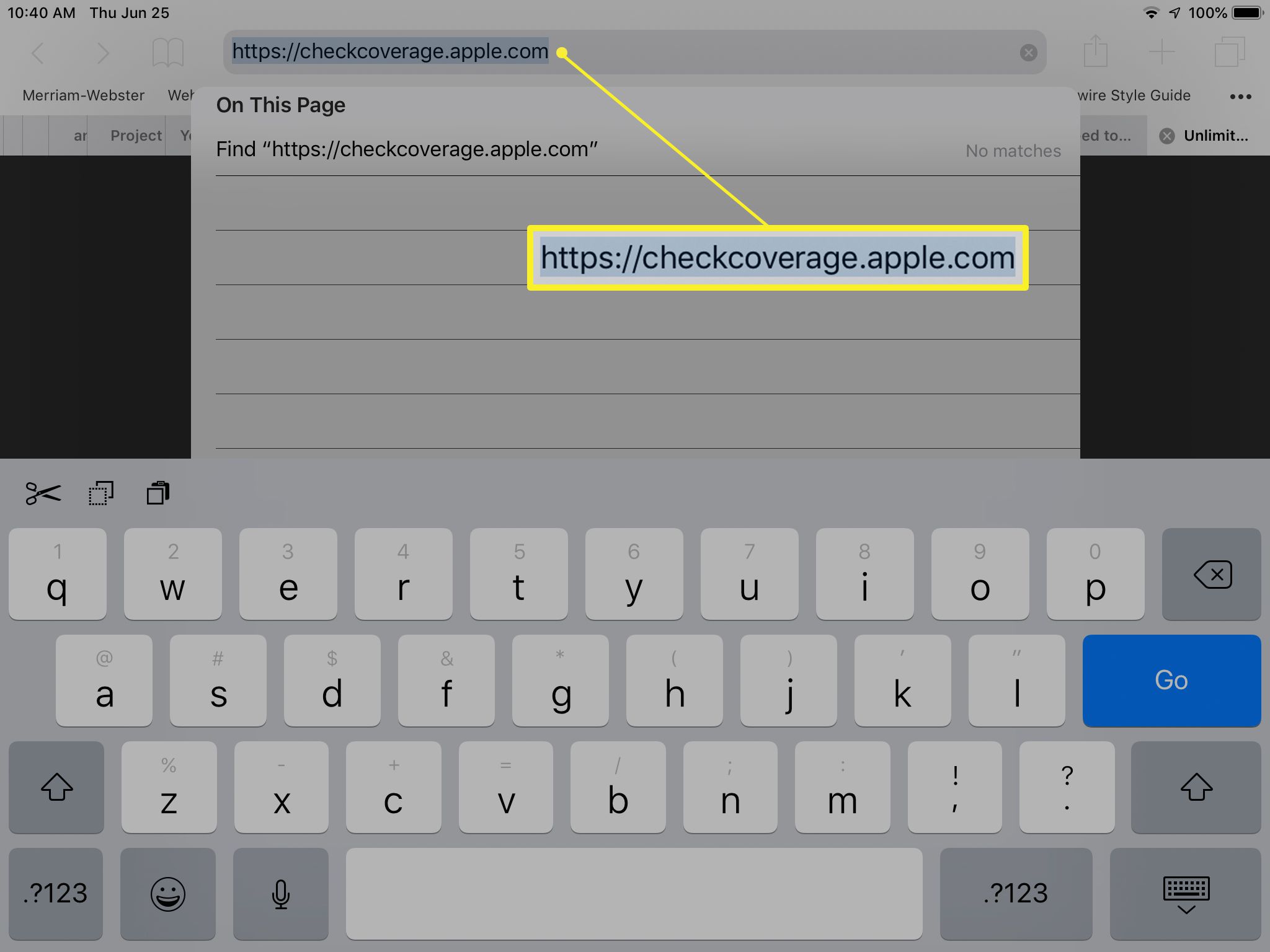 URL para verificação de cobertura de garantia no iPad