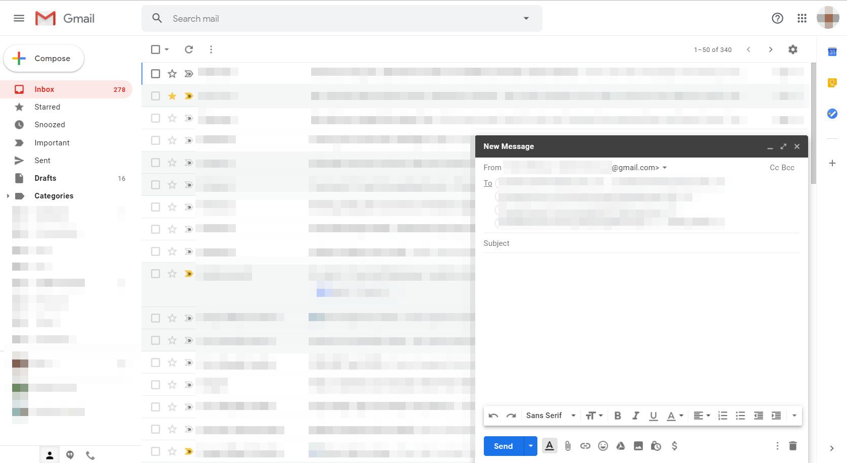 Caixa de diálogo do Gmail com Nova Mensagem exibida