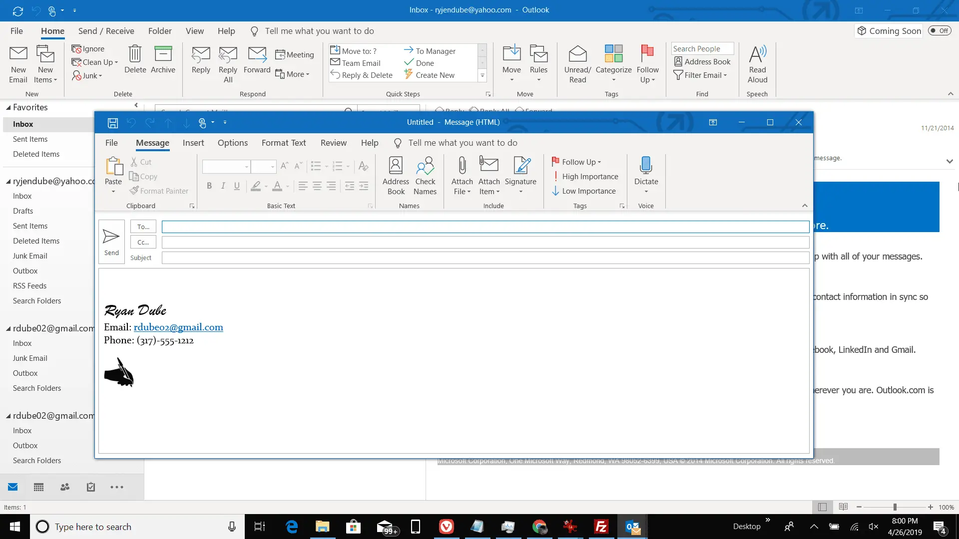 Captura de tela da criação de uma nova mensagem no Outlook