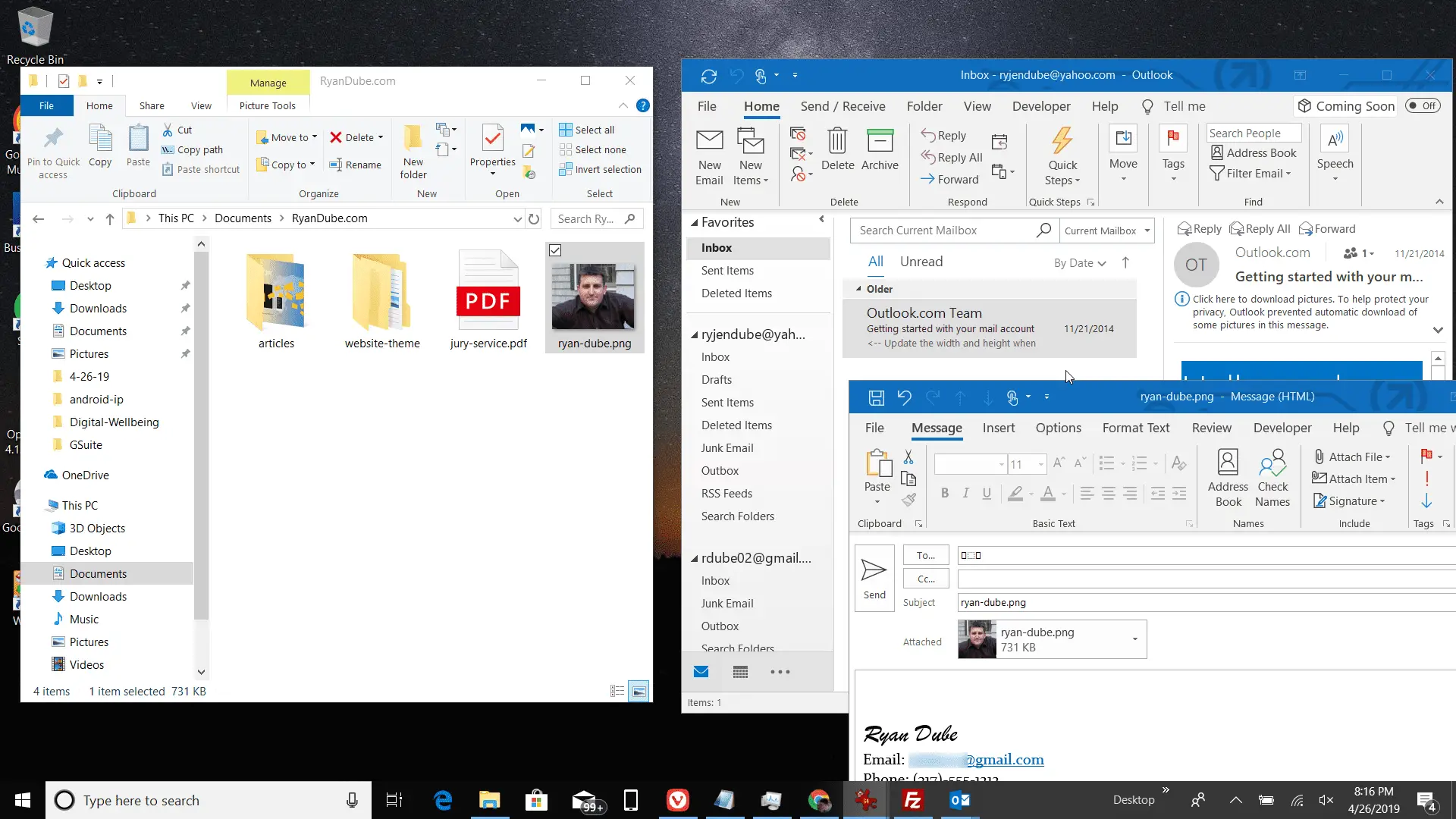 Captura de tela de arrastar um arquivo para a caixa de entrada do Outlook