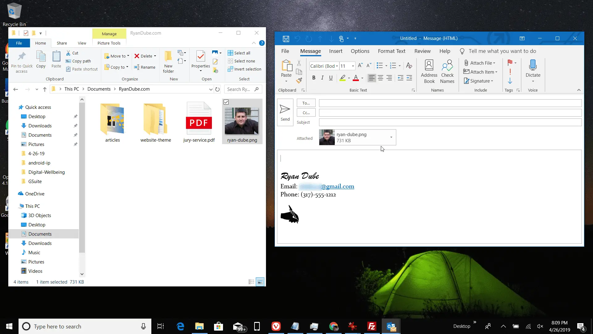 Captura de tela de arrastar o arquivo para o e-mail do Outlook