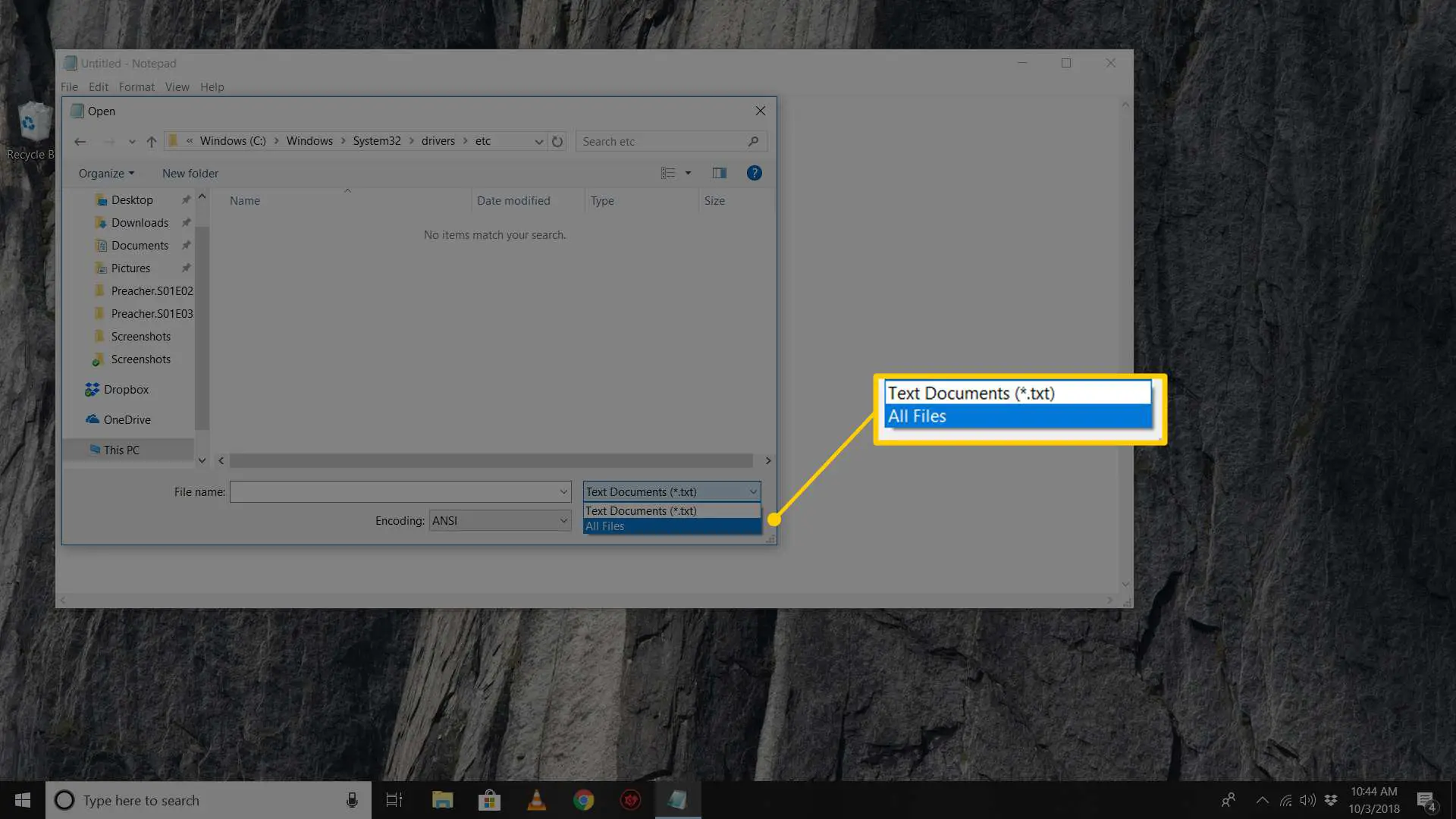 Captura de tela da opção Todos os arquivos ao navegar no diretório de arquivos de hosts no Windows 10 Note Pad