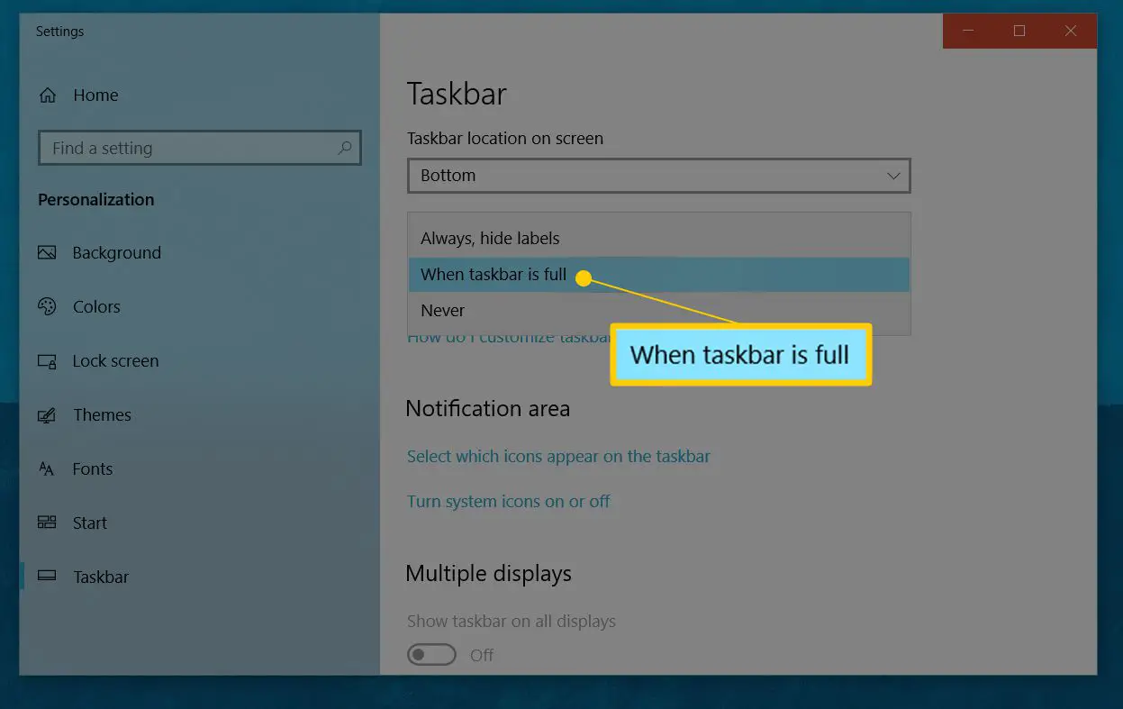 Botões da barra de tarefas do grupo Quando a barra de tarefas estiver cheia no Windows 10