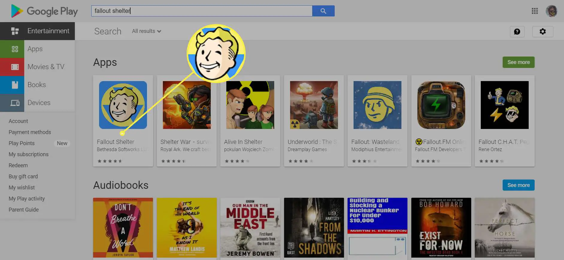 Um usuário de PC procura o jogo 'Fallout Shelter' na Google Play Store