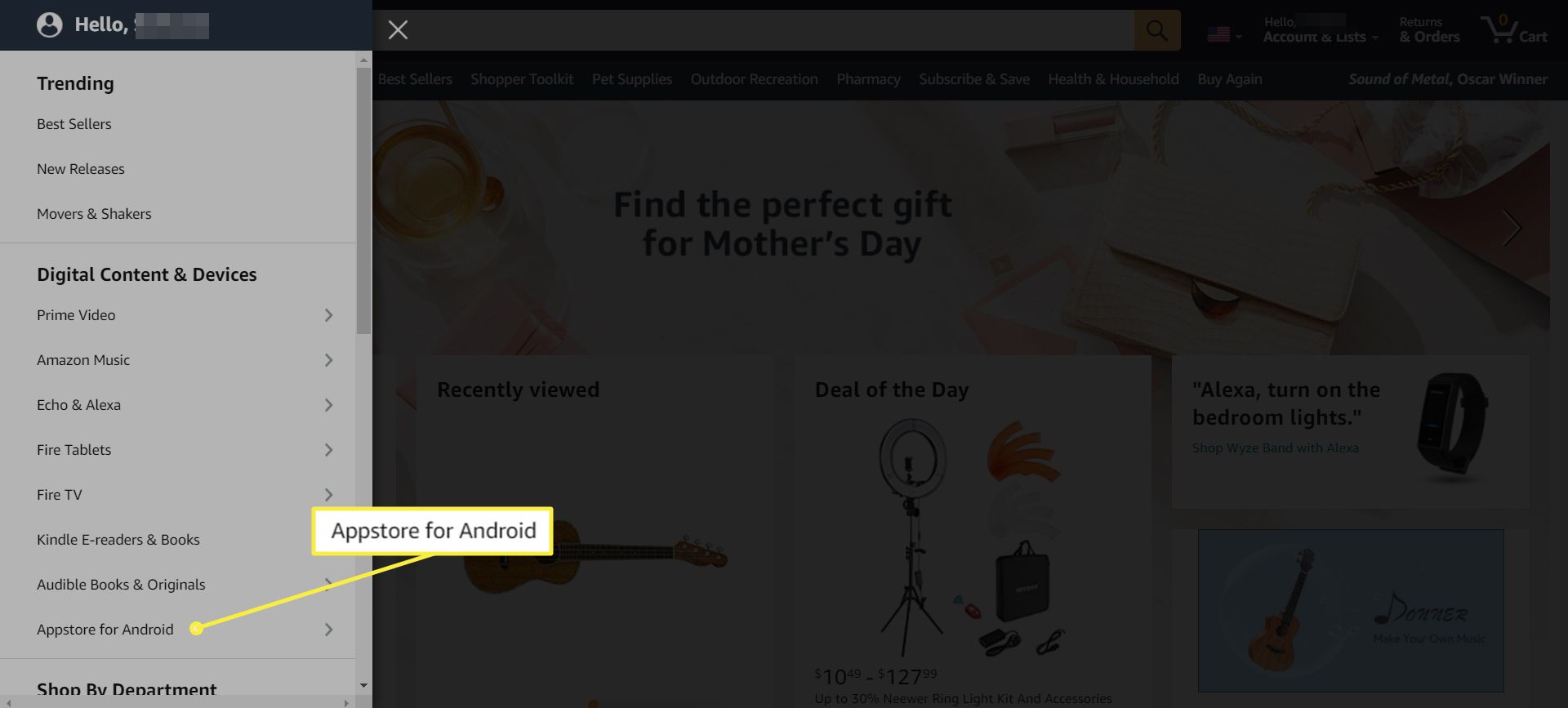 O site da Amazon com o menu Todos exibido e 'Appstore para Android' destacado