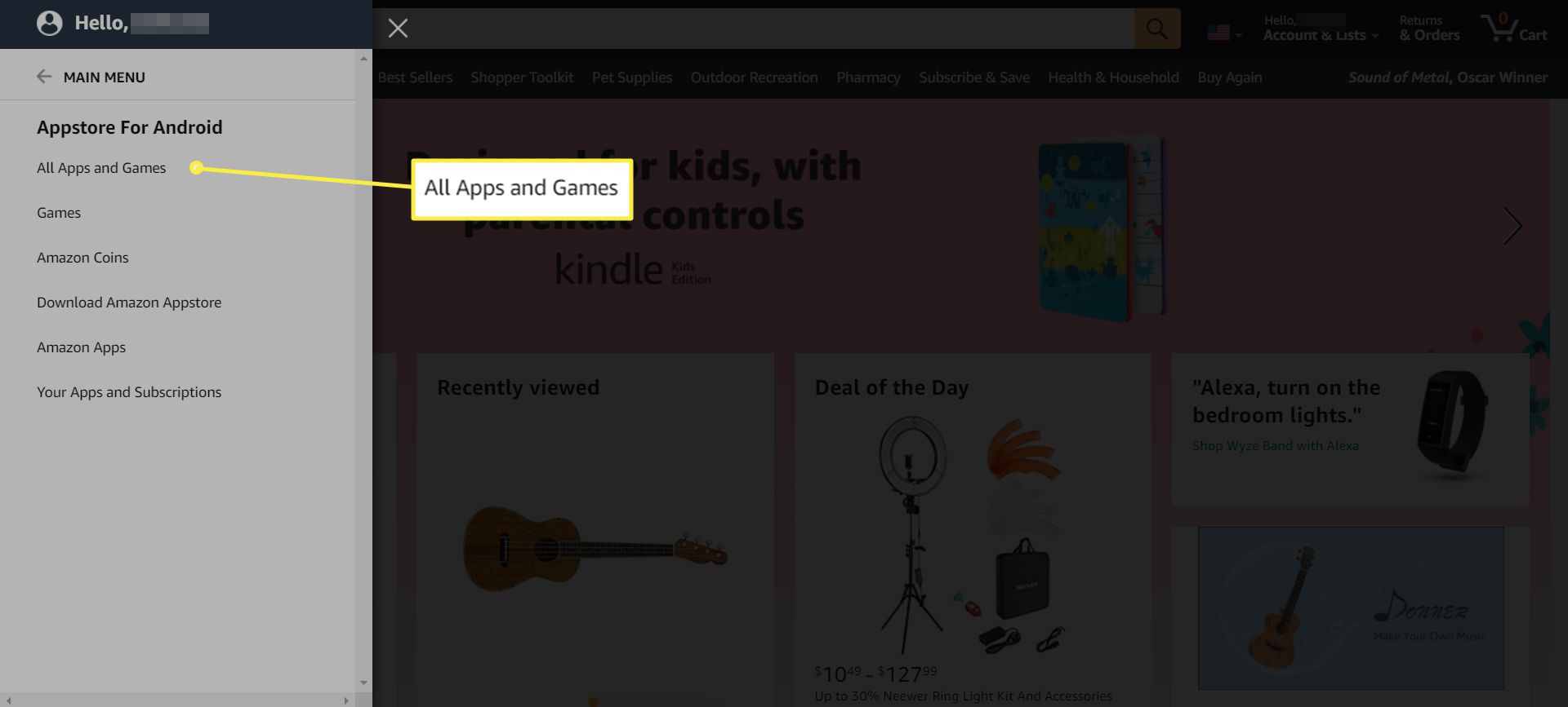 O site da Amazon com o menu Todos exibido e 'Todos os aplicativos e jogos' destacado