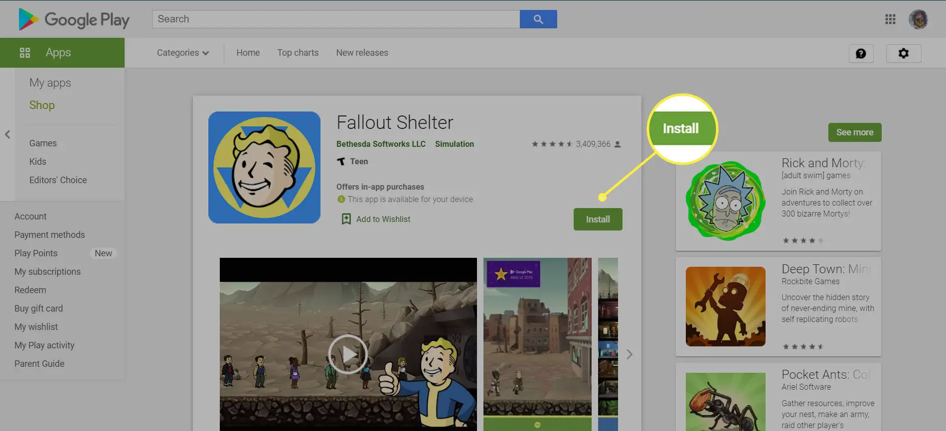 Um usuário de PC instala o jogo 'Fallout Shelter' da Google Play Store