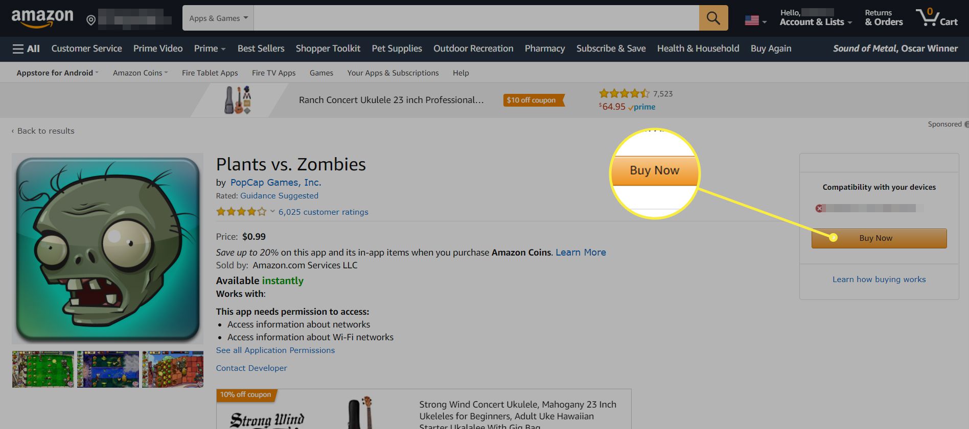 O site da Amazon com a página de listagem do jogo 'Plants vs. Zombies' exibida.  O botão Comprar agora está destacado.