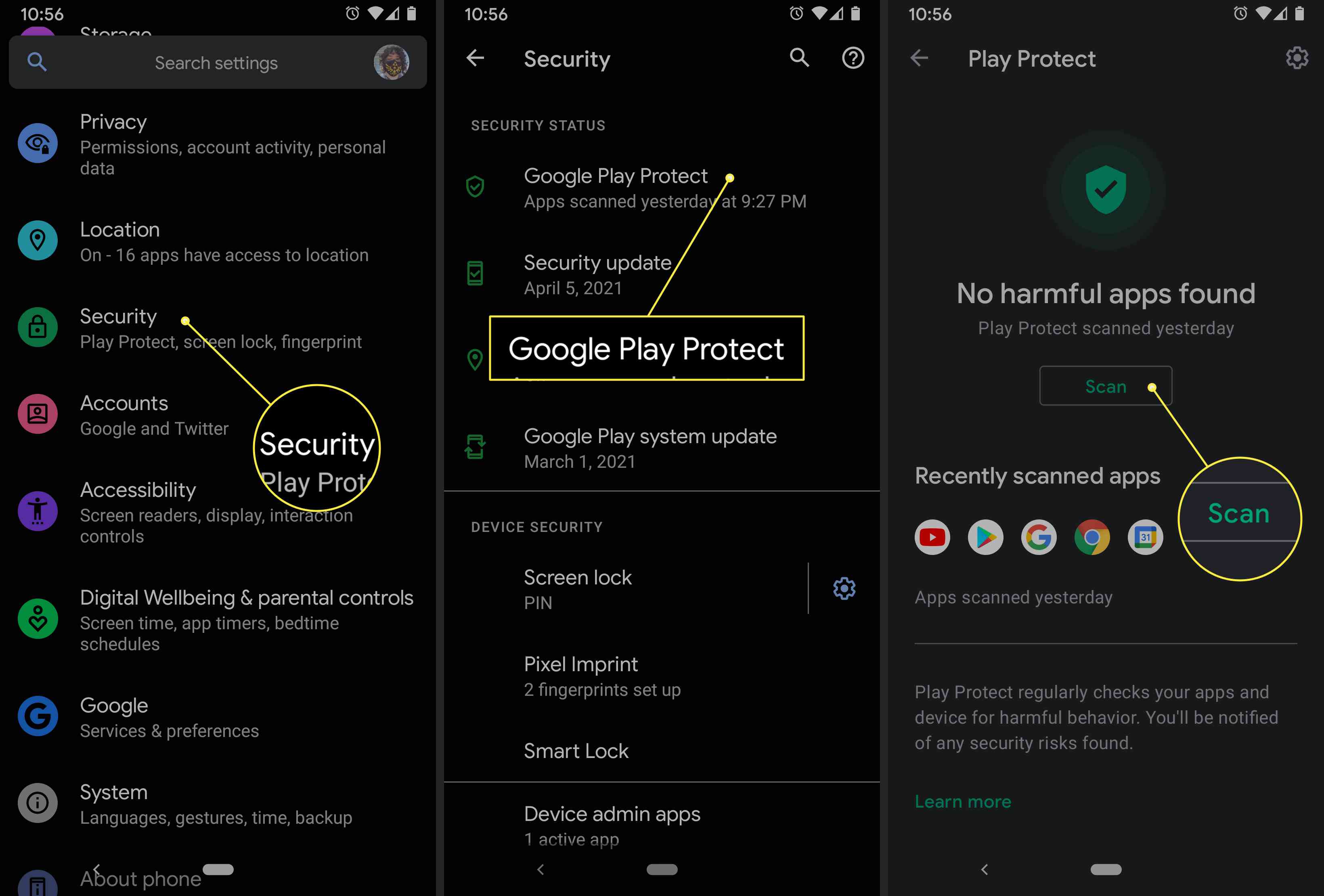 Um usuário do Android acessa as configurações do Google Play Protect