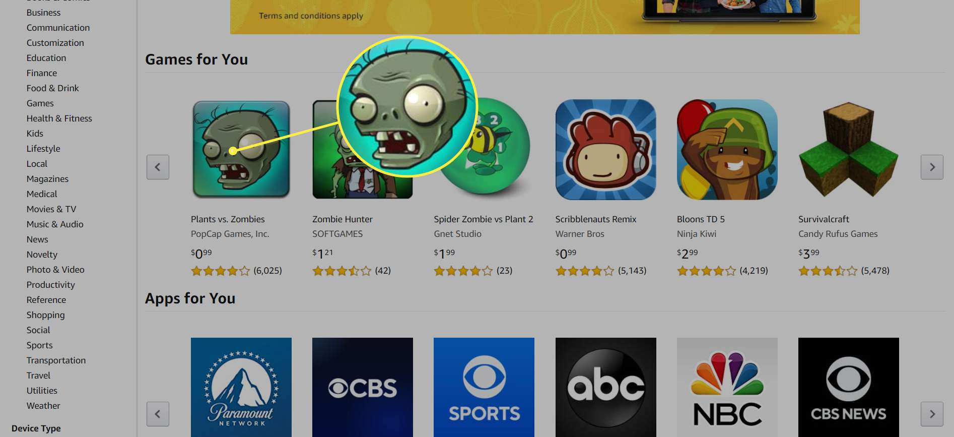 A Amazon App Store com o jogo 'Plants vs. Zombies' em destaque