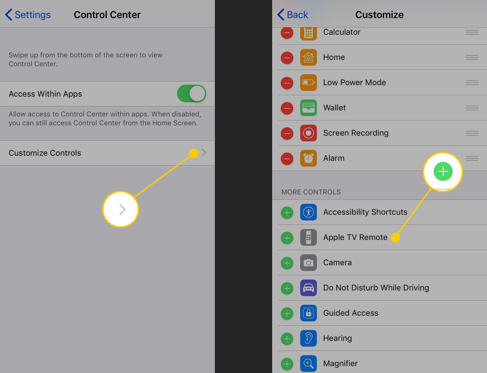 Personalize as configurações de controles para o Control Center com a opção Apple TV Remote destacada