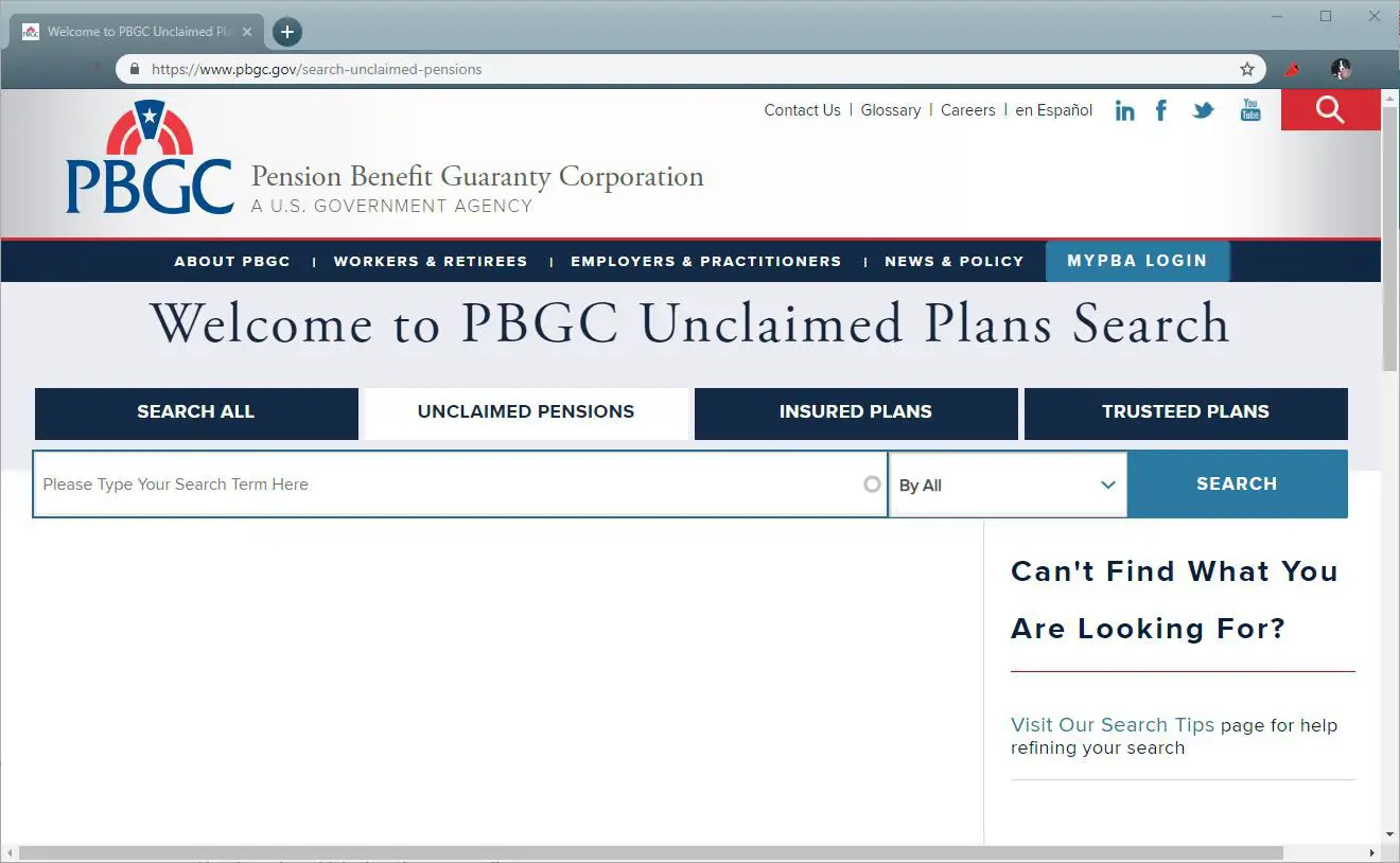 Site de pesquisa de pensão não reclamada do PBGC.