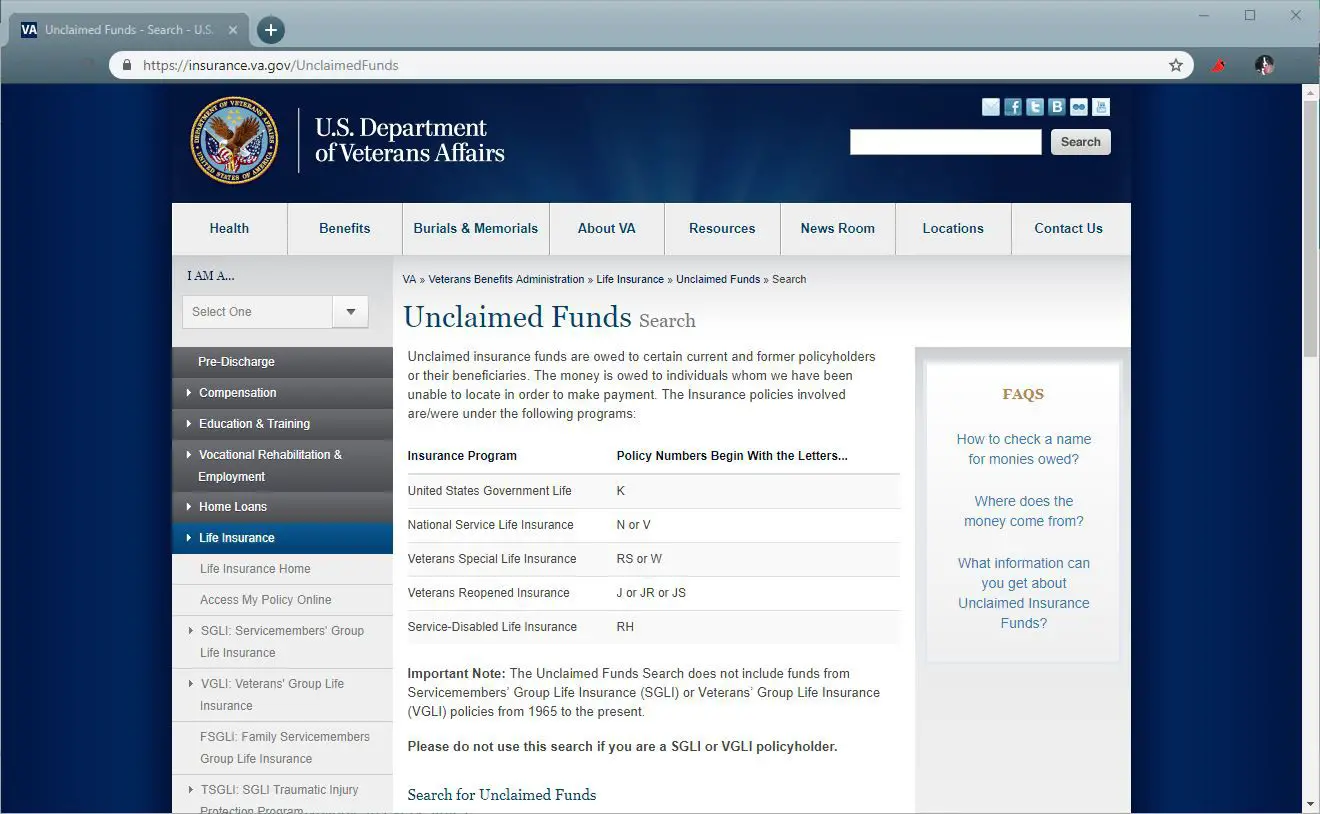 Site de fundos não reclamados do Departamento de Assuntos de Veteranos dos EUA