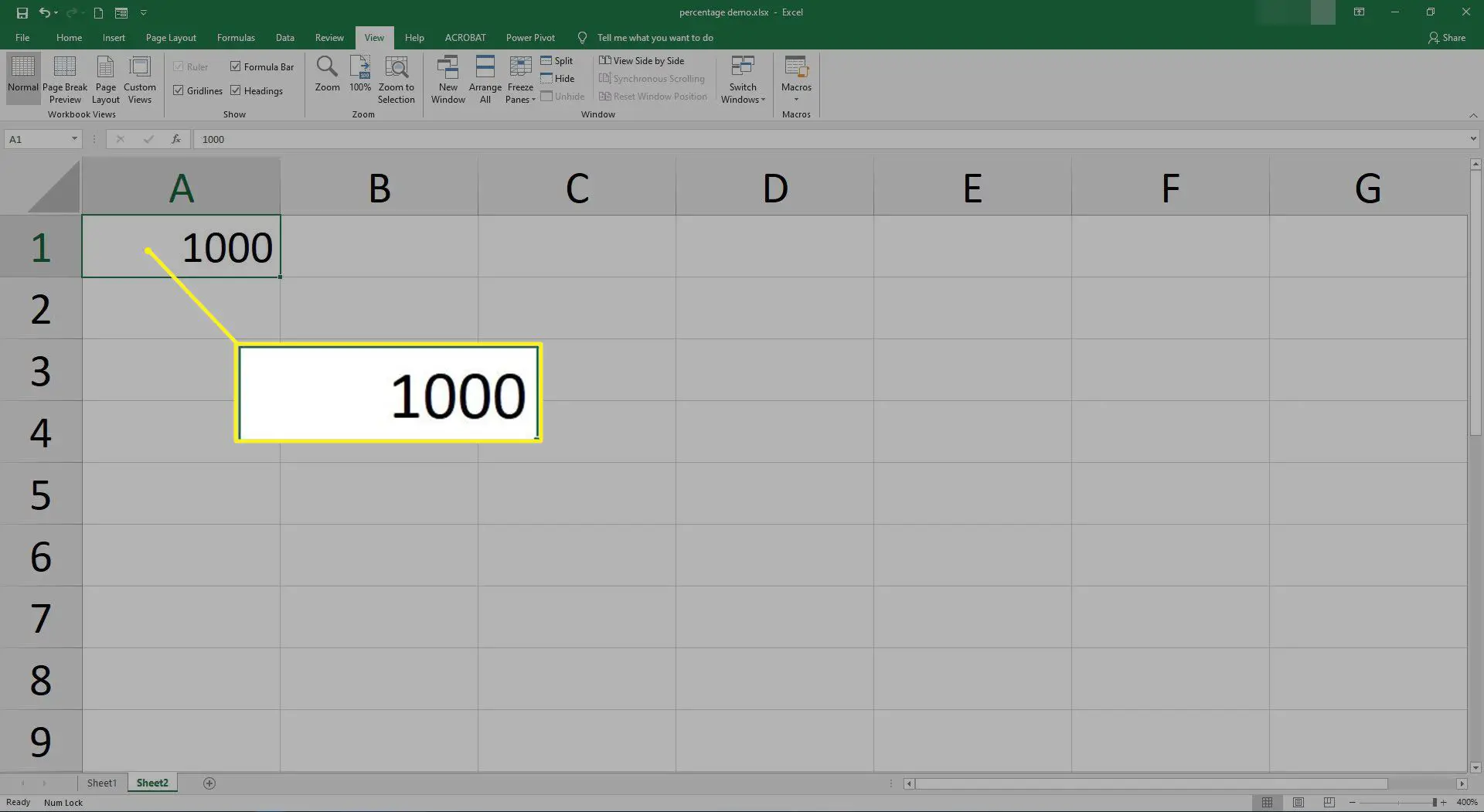 O número 1000 na célula A1 no Excel