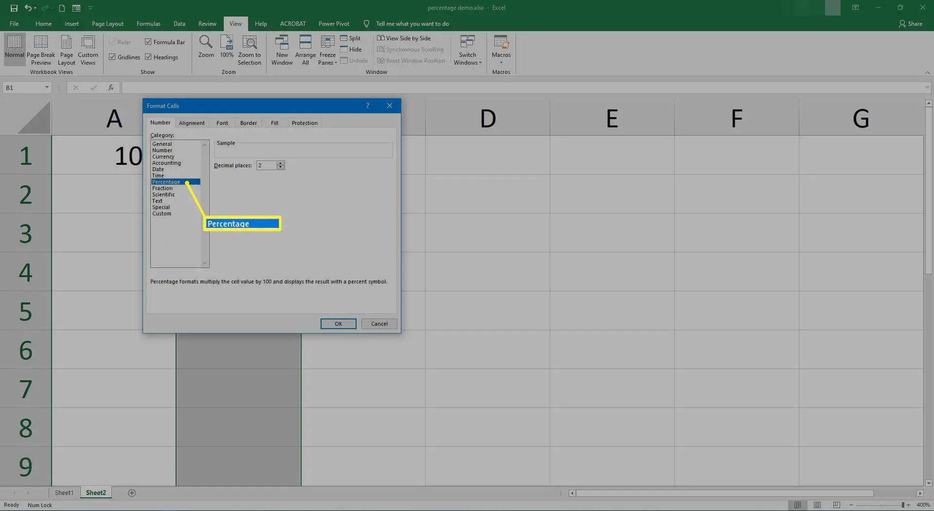 Configurando o formato da célula para porcentagem no Excel