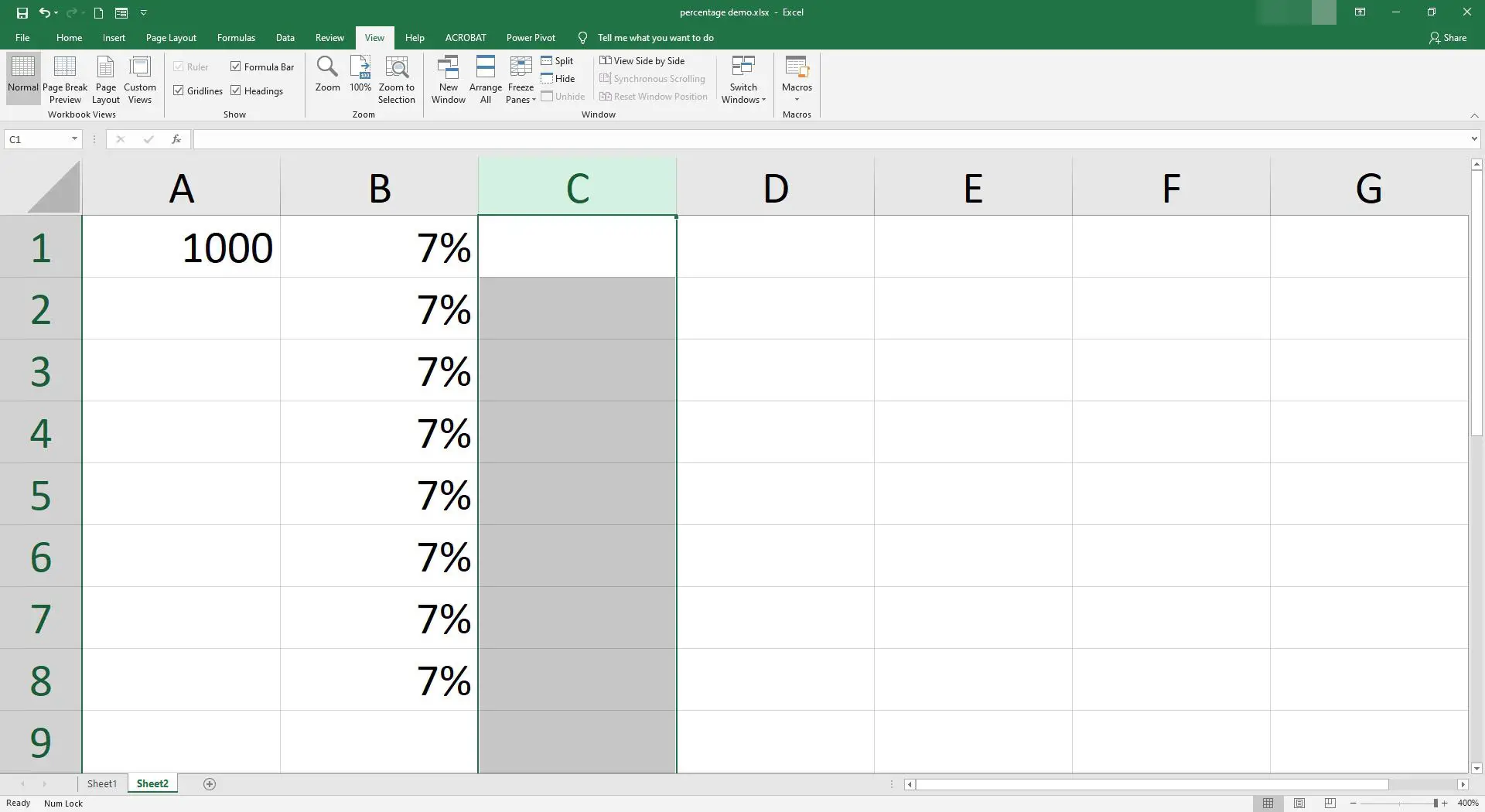 A coluna C é selecionada no Excel.