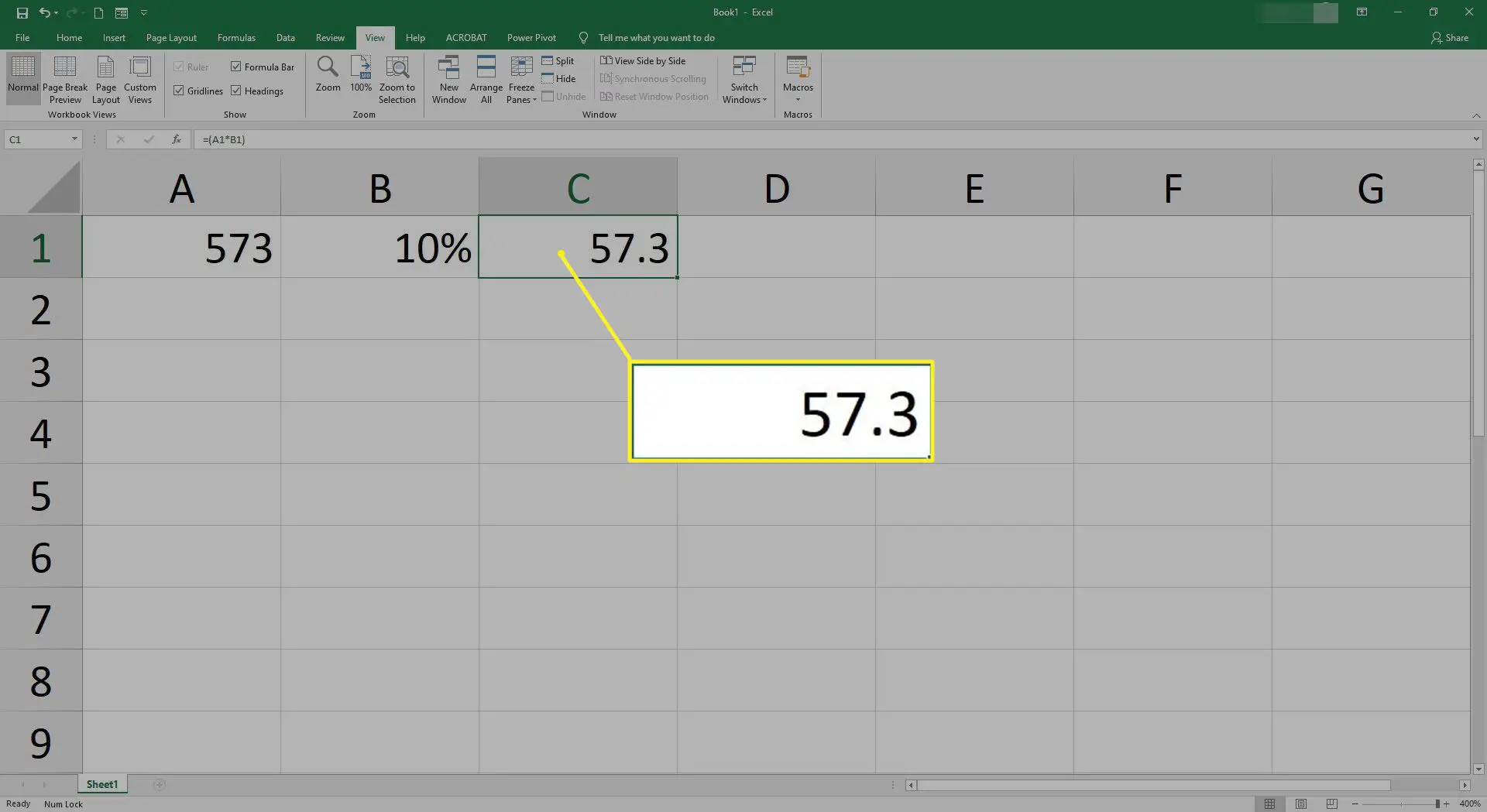 Uma fórmula de porcentagem concluída no Excel.