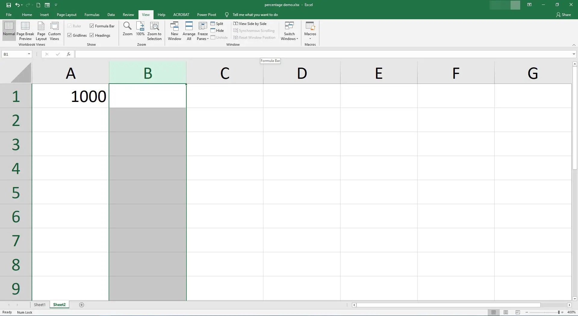 A coluna B é destacada no Excel.