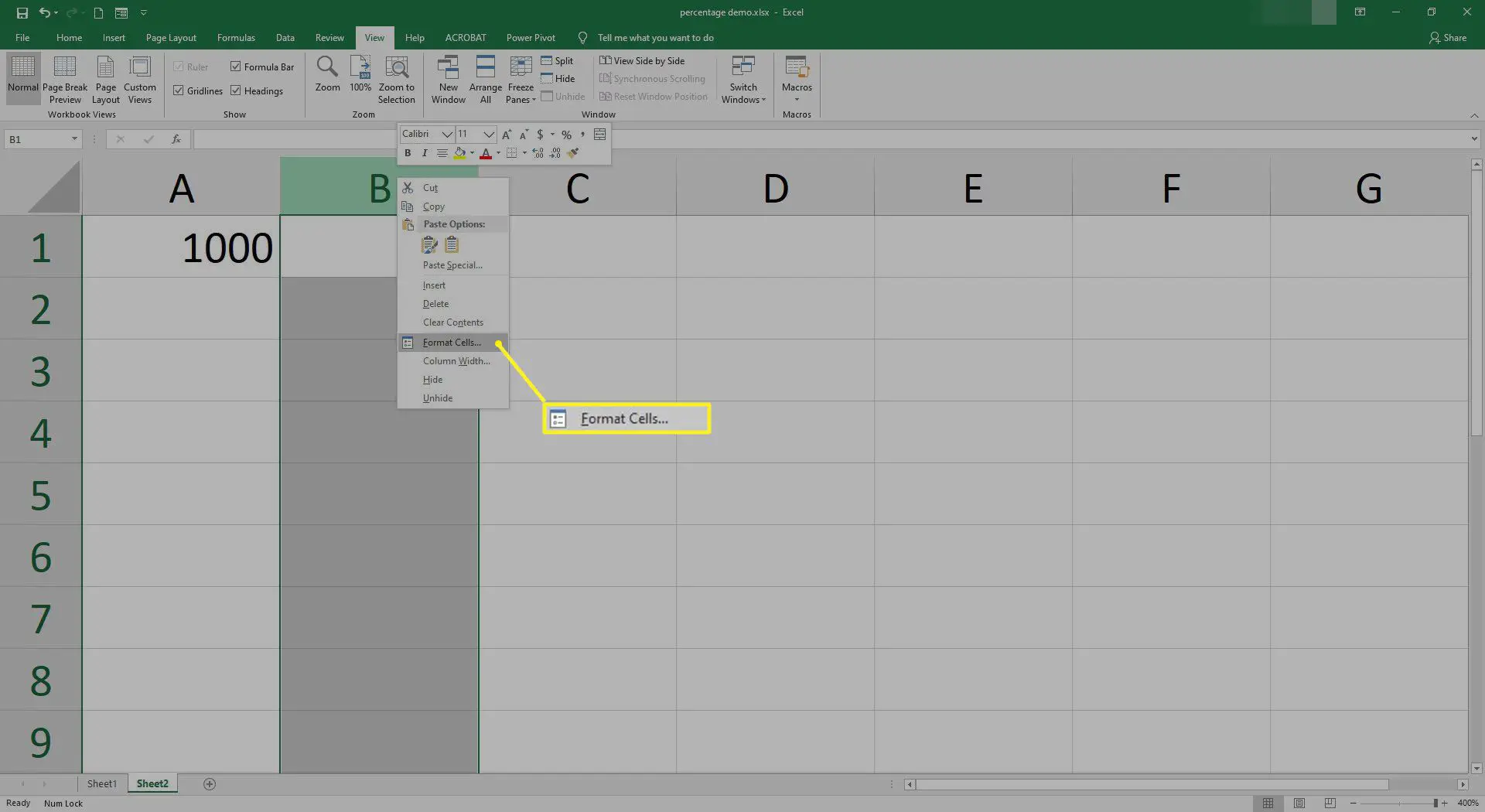 Selecionando a opção de formatação de células no Excel