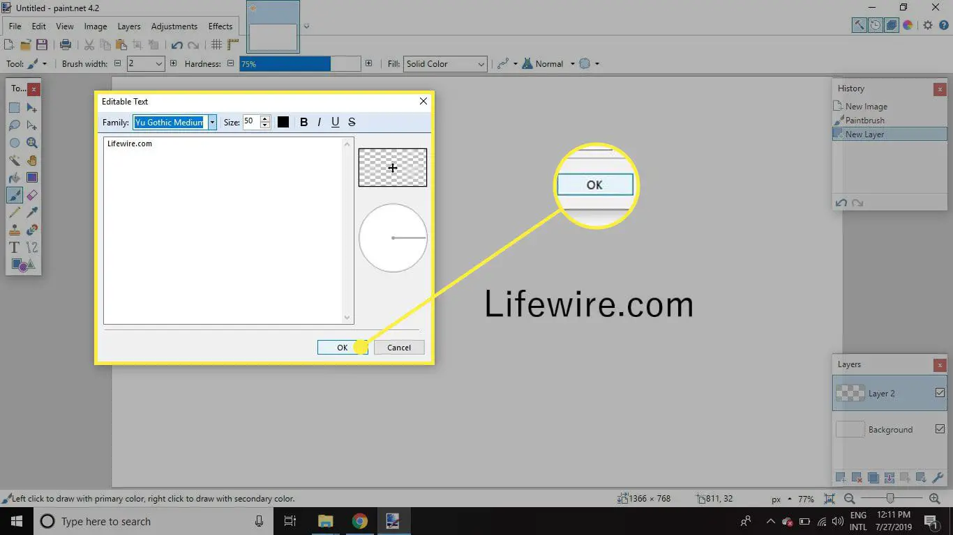 Uma captura de tela da janela Texto editável do Paint.NET com o botão OK destacado